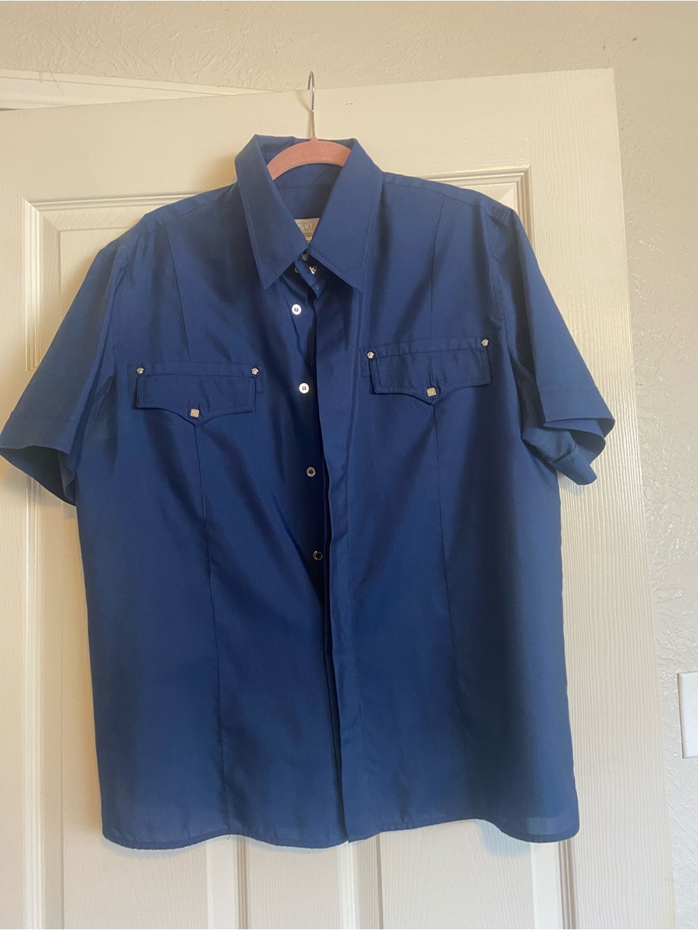 Vintage Y2K Men's Short-Sleeve Button-Down Shirt in Deep Blue